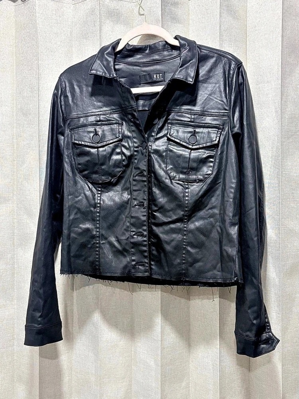 KUT from the Kloth Faux Leather Trucker Jacket Black Faux-Leather Shirt Jacket